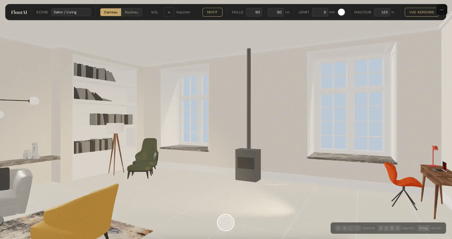 Scène 3D FloorAI avant application : salon avec sol neutre non texturé