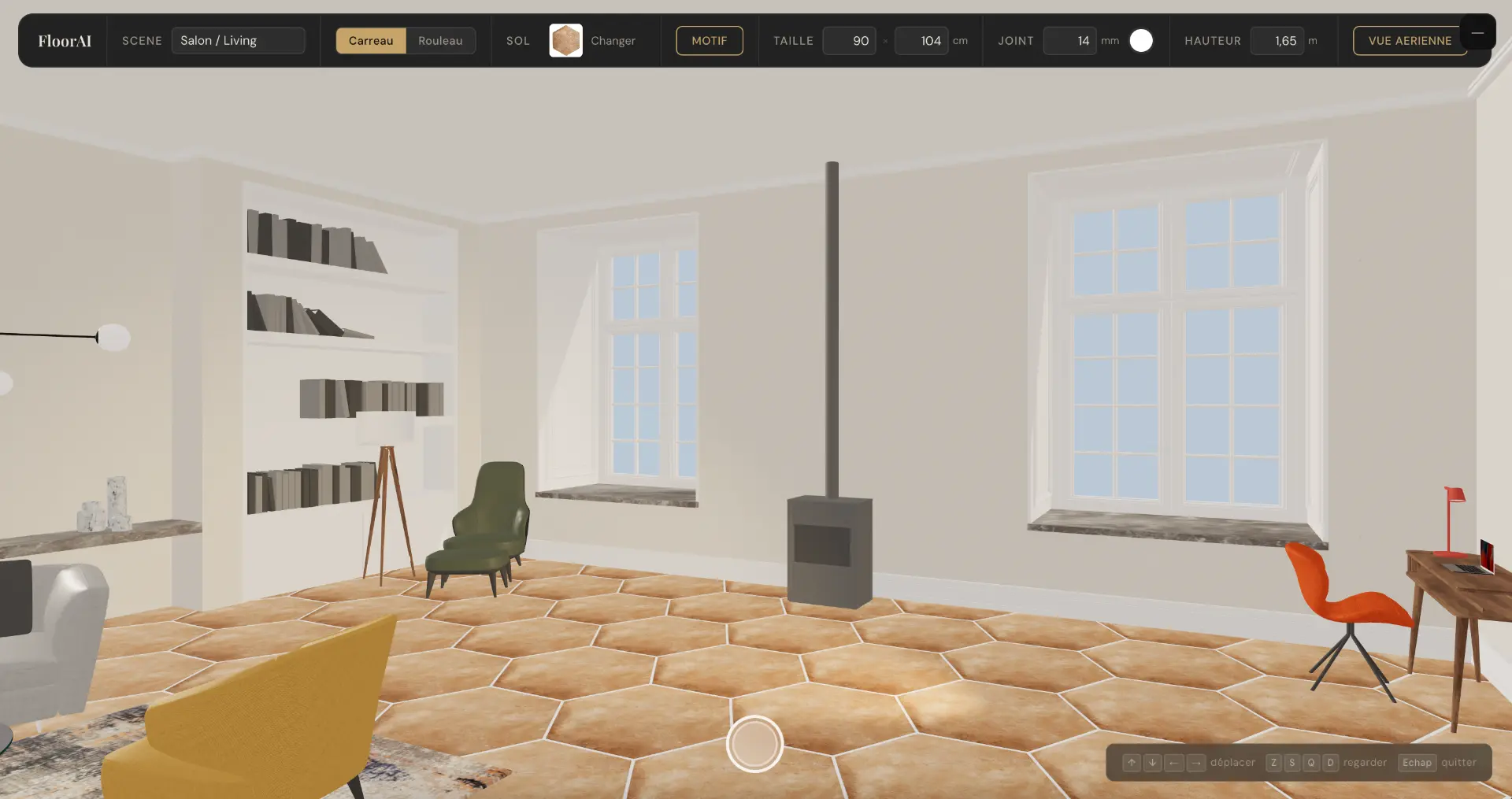 Même salon après application d'un carrelage hexagonal terracotta à l'échelle réelle