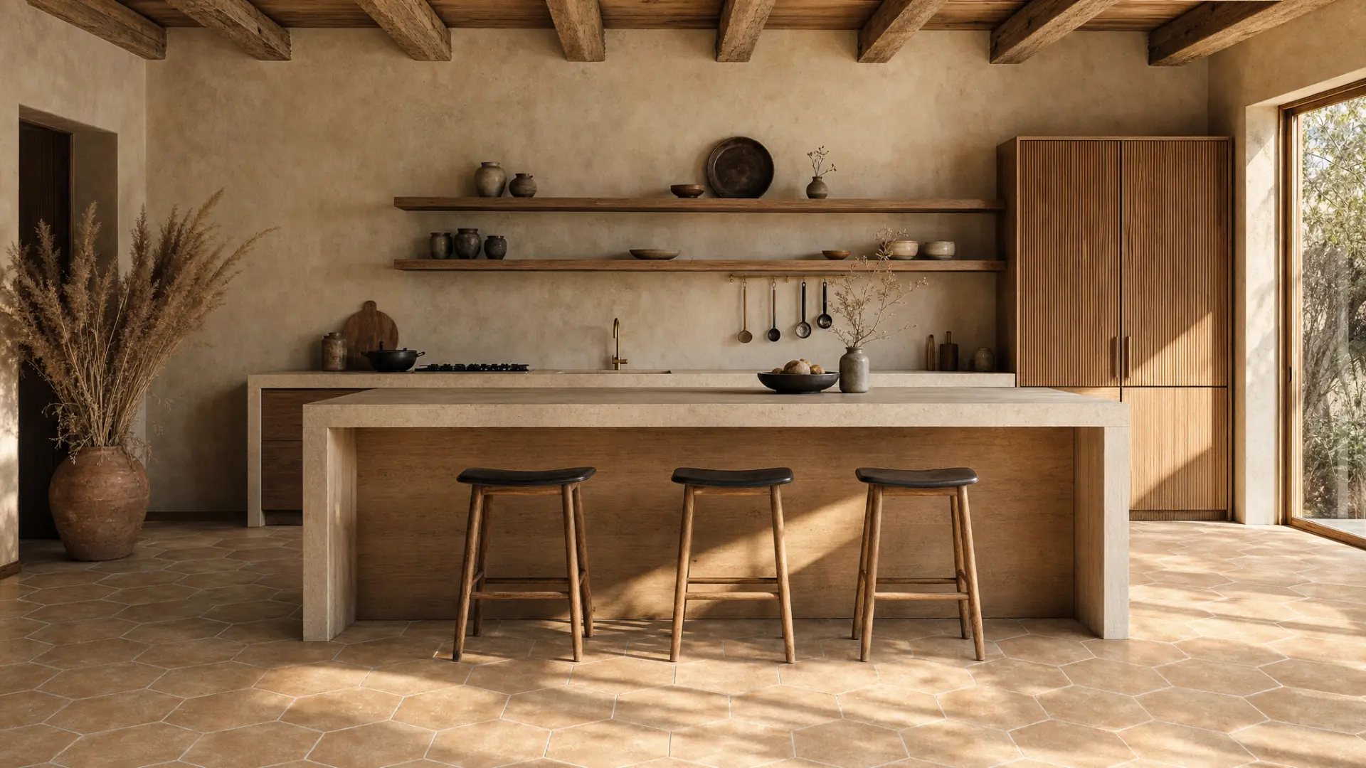 Cuisine rustique lumineuse avec sol en tomettes hexagonales, îlot central et poutres apparentes