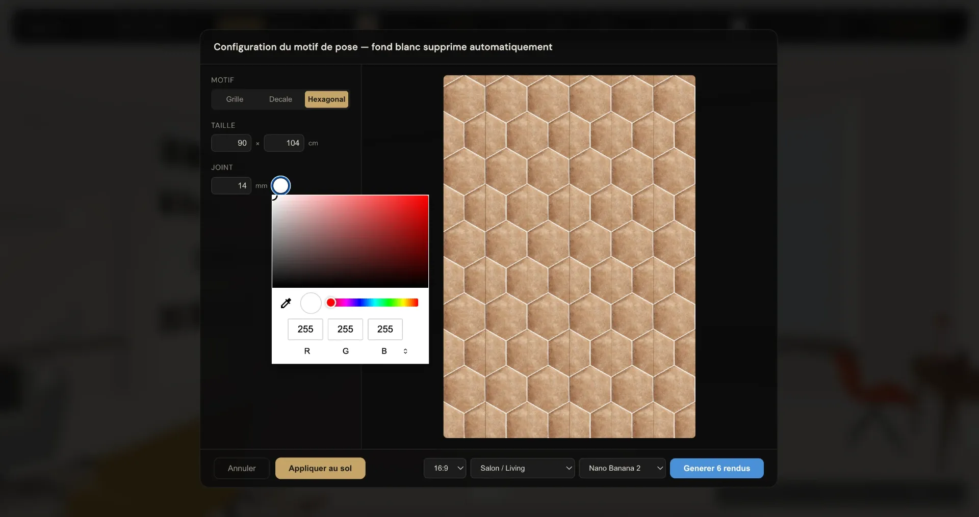 Modale de configuration du motif de pose FloorAI : choix hexagonal, dimensions 90 × 104 cm, joint de 14 mm et aperçu 2D du calepinage